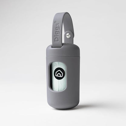 DIGGS Dog Poop Bag Dispenser for Leash - Premium Dog Waste Bag Holder with Easy One-Hand Dispensing (Grey)