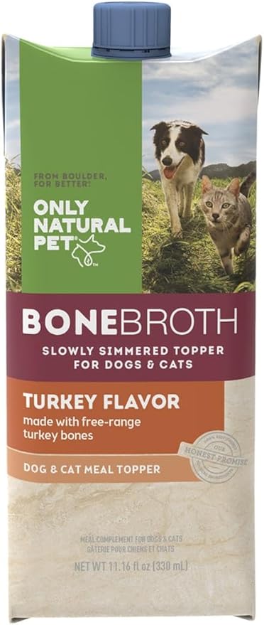 Only Natural Pet Bone Broth Turkey Flavor Dog &amp; Cat Meal Topper, 100% Human-Grade Slow-Simmered, Free-Range for Dry Food or to Hydrate Dehydrated Food - (2-Pack / 11.16 oz Each)
