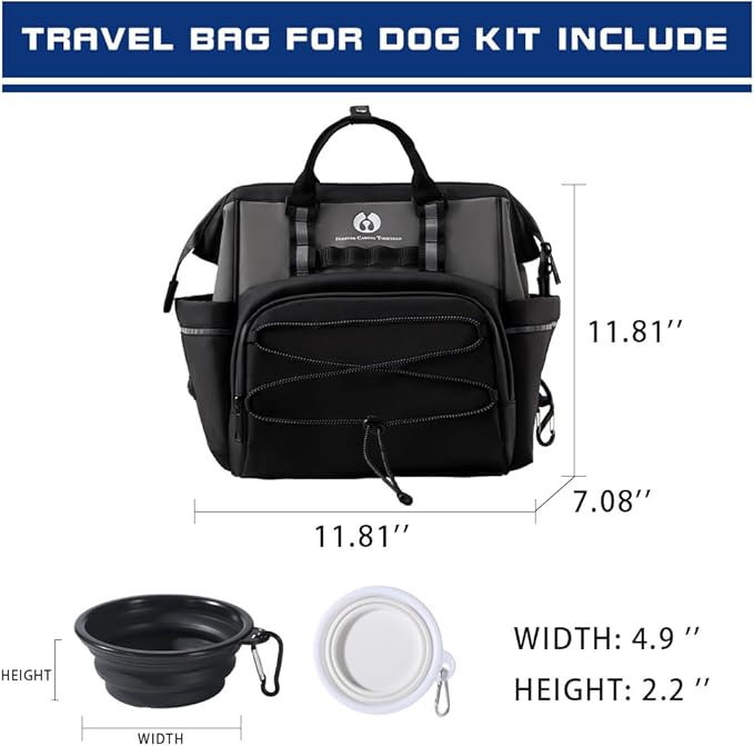 Dog Travel Bag, Airline Approved Pet Supplies Backpack, Dog Travel Backpack Accessories Set with 2 Silicone Collapsible Bowls and 1 Leash Clip for Camping, Road Trips &amp; Weekends Away（Black）