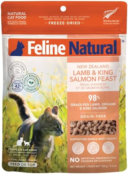 Feline Natural High Protein Dry Cat Food, Freeze-Dried Diet with 98% Meat, Organs &amp; Seafood, No Peas, Grains, or Artificial Additives, Made in New Zealand, Lamb &amp; King Salmon, 3.5oz