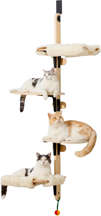 MEWOOFUN Cat Climbing Shelves Tree, 4-Levels Over Door Cat Climber for Jumping, Stable Cat Stairs Hammock for Kittens &amp; Adult Cats (Wooden-65 H x 26.8” L x 13.8” W)