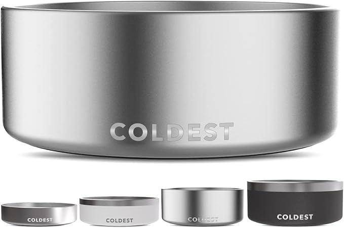 Coldest Dog Bowl - Anti Rust Metal, Non Slip, 3 Layers Insulated Stainless Steel Dog Bowls - Spill Proof &amp; Heavy Duty - Water Bowl for Dogs, Cats, Dish Washer Safe (64 oz, Polished Stainless Steel)