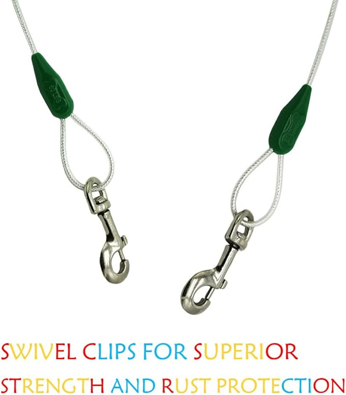 Petest 15ft Reflective Tie-Out Cable for Medium Dogs Up to 60 Pounds DarkGreen &amp; Silver