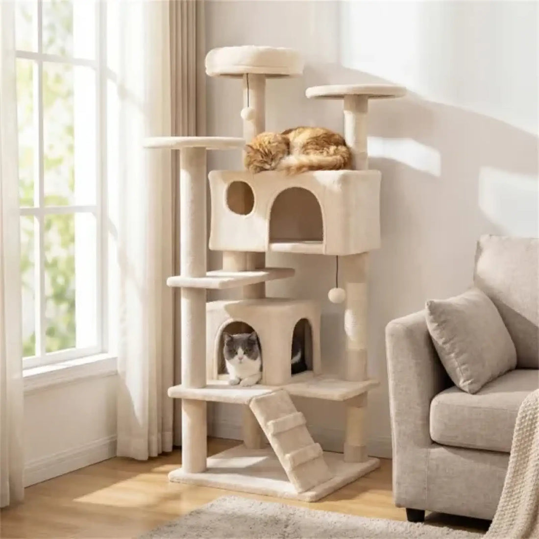 52 Inch Cat Tree Tower with Condos and Perches Beige