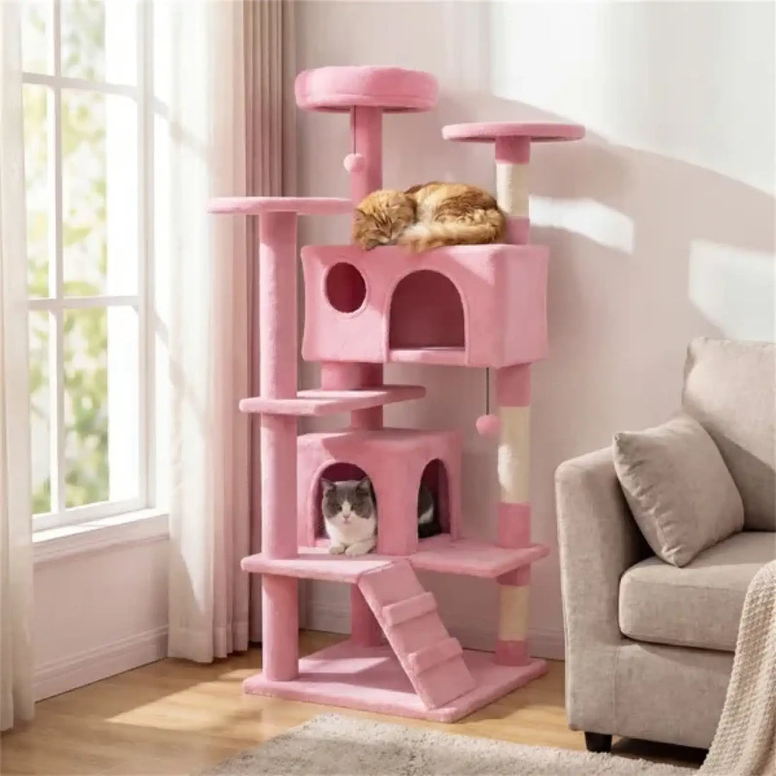 52 Inch Pink Cat Tree Tower with Condos and Perches