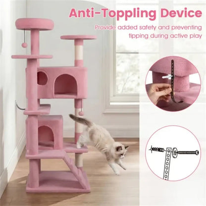 52 Inch Pink Cat Tree Tower with Condos and Perches