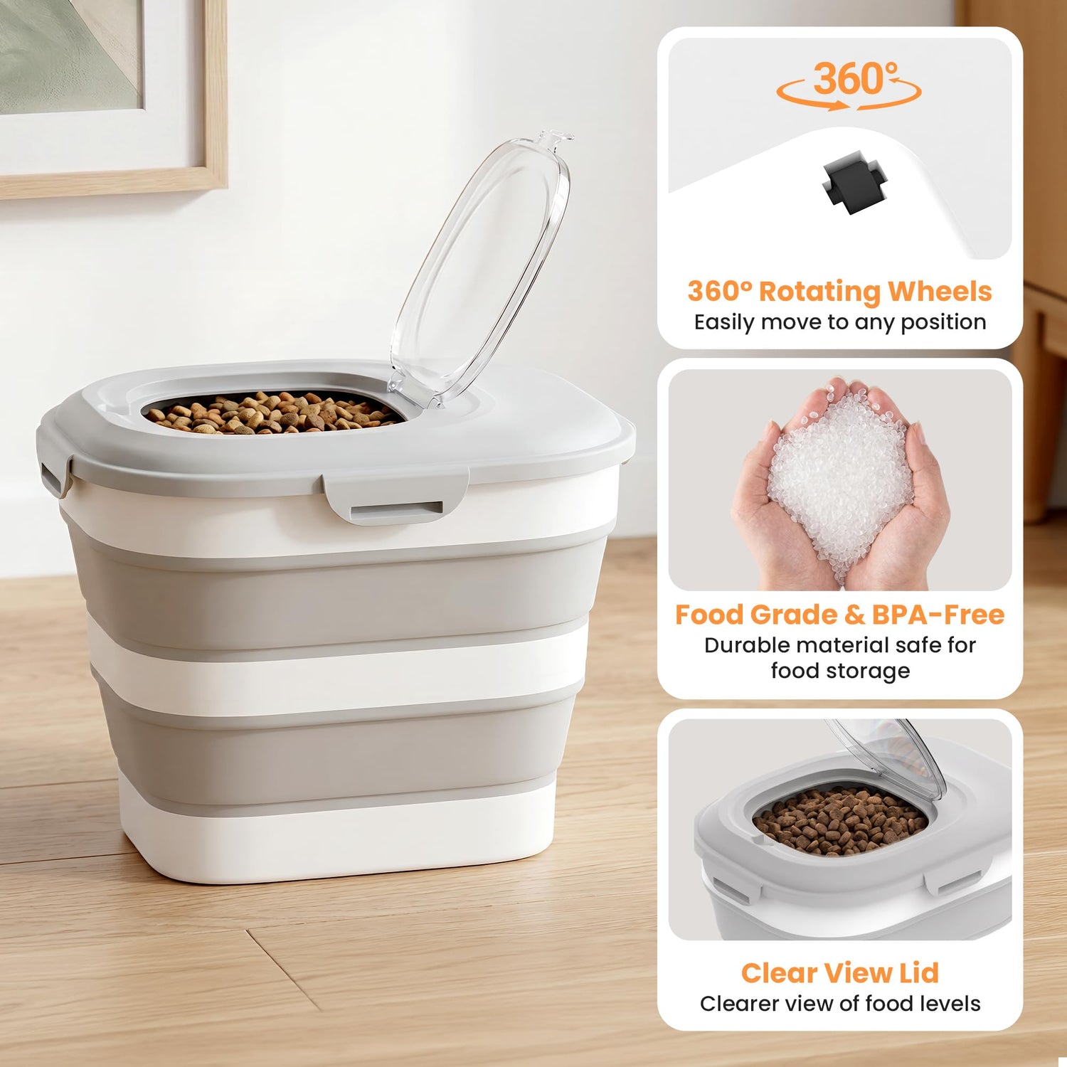 Dog Food Storage Container With Wheels, Collapsible Pet Food Storage Container With Clear Window, Measuring Cup &amp; Scoop, BPA Free Cat Food Container For Rice, Flour, Grain, Bird Seed