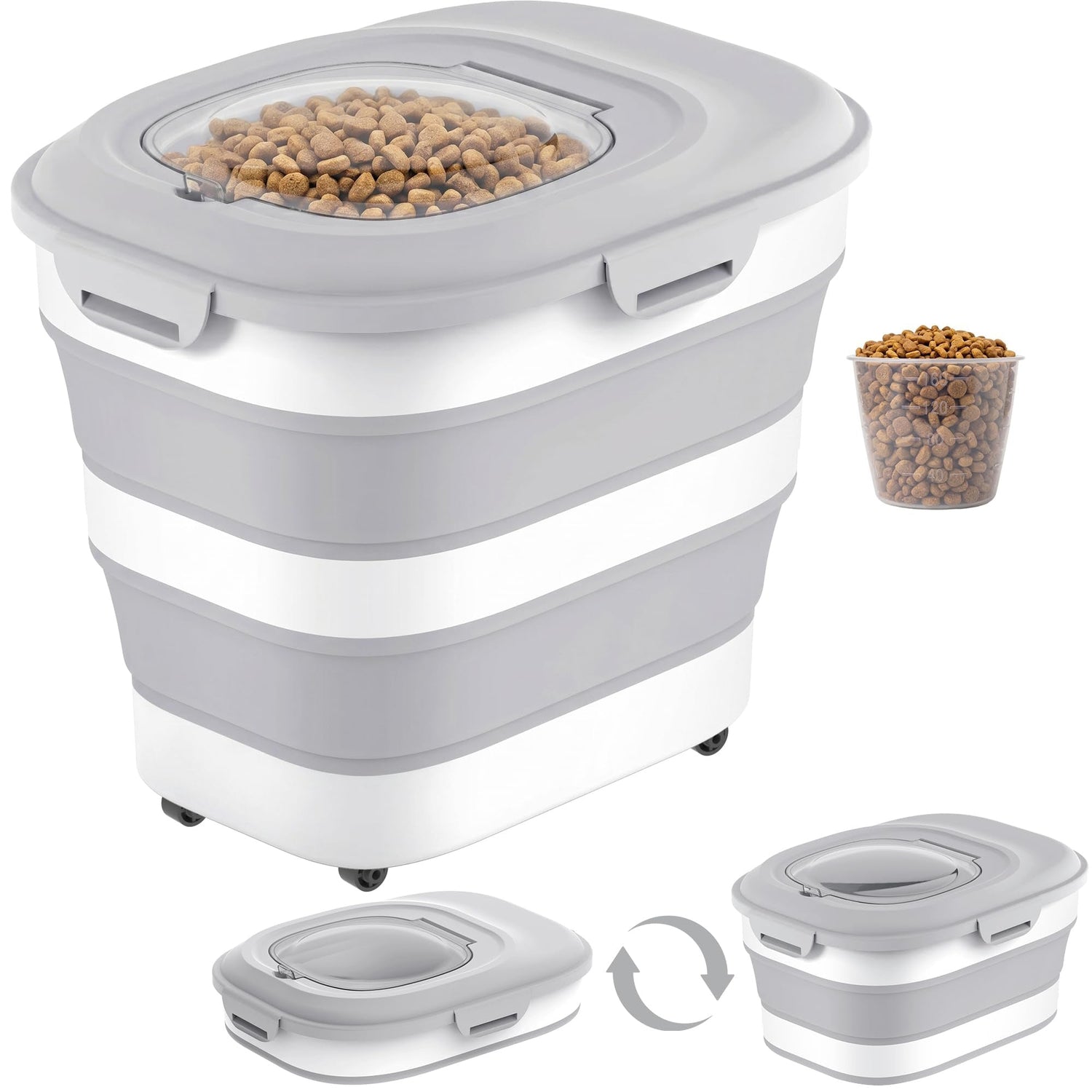Dog Food Storage Container With Wheels, Collapsible Pet Food Storage Container With Clear Window, Measuring Cup &amp; Scoop, BPA Free Cat Food Container For Rice, Flour, Grain, Bird Seed