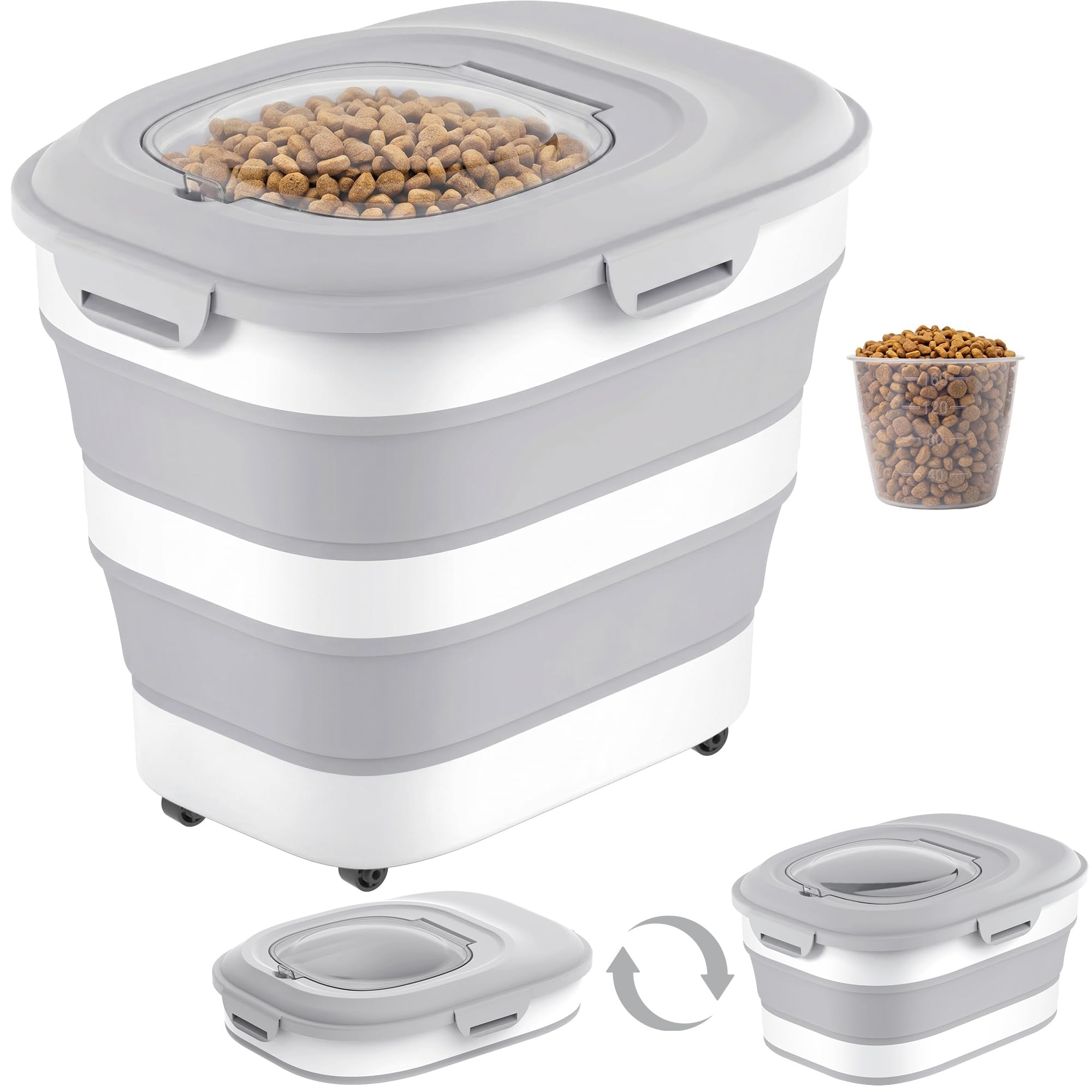Dog Food Storage Container With Wheels, Collapsible Pet Food Storage Container With Clear Window, Measuring Cup &amp; Scoop, BPA Free Cat Food Container For Rice, Flour, Grain, Bird Seed
