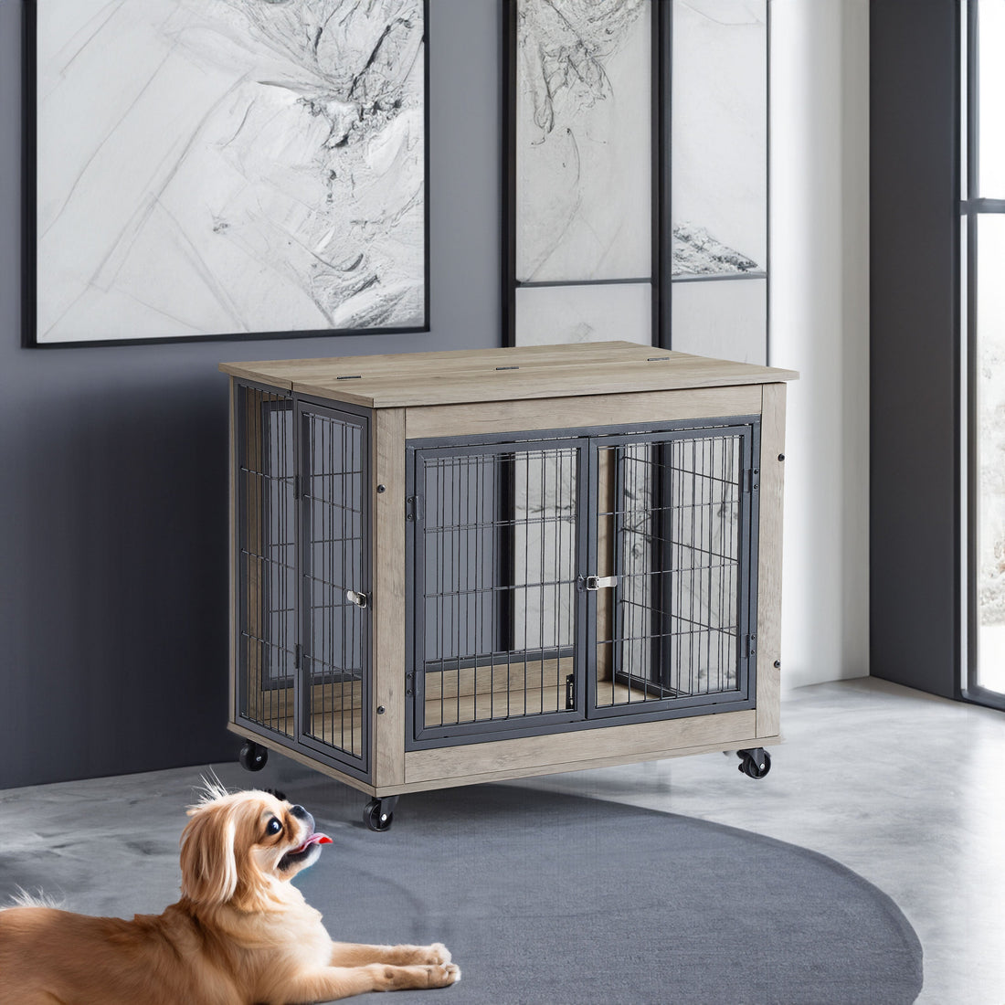 Furniture Dog Cage Crate with Double Doors on Casters. Grey, 31.50&