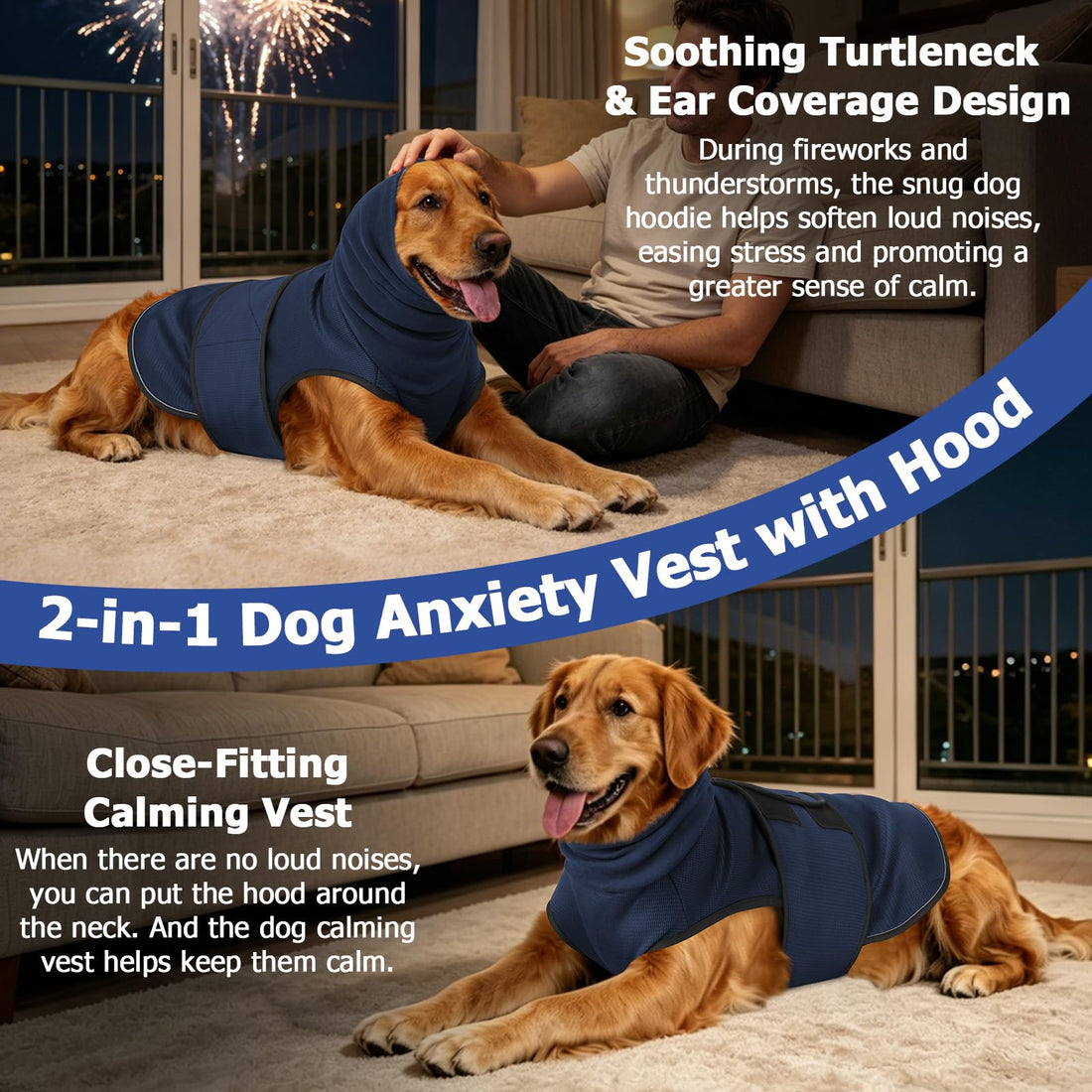 2-in-1 Dog Anxiety Vest With Hood, Soft Dog Calming Shirt With Stretchy Ear Head Cover For Stress Relief, Breathable Shirt Jacket For Thunderstorms, Separation &amp; Vet Visits