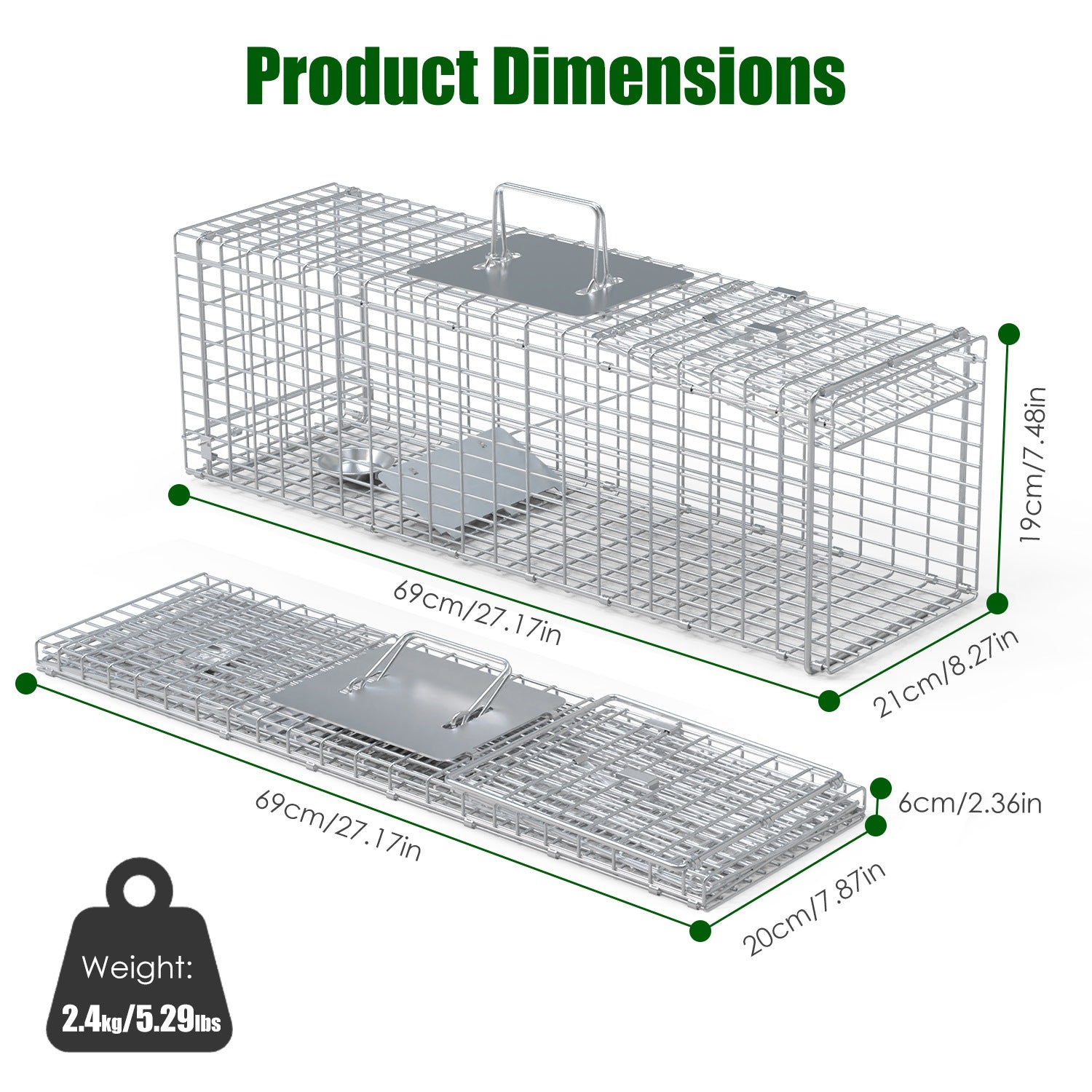 Live Animal Trap Cage 27x7.5x8in Folding Catch and Release Steel Humane Cat Trap for Racoons Stray Cats Rabbits Beavers Hedgehogs Chipmunk Small Anima