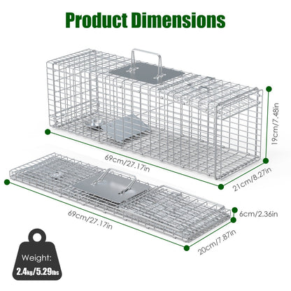 Live Animal Trap Cage 27x7.5x8in Folding Catch and Release Steel Humane Cat Trap for Racoons Stray Cats Rabbits Beavers Hedgehogs Chipmunk Small Anima