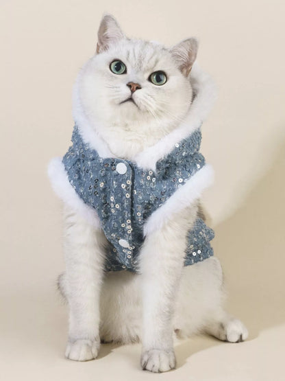 Sequin Pet Coat with Fur Trim