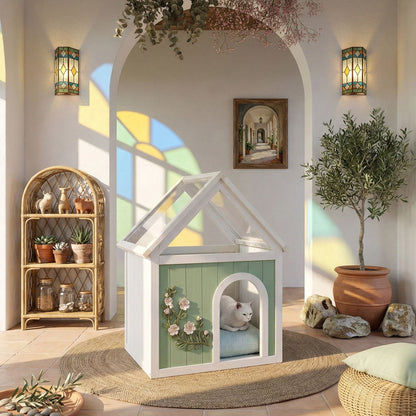 Indoor Cat House With Clear Roof Pet House For Small Cats &amp; Dogs - Mint / White