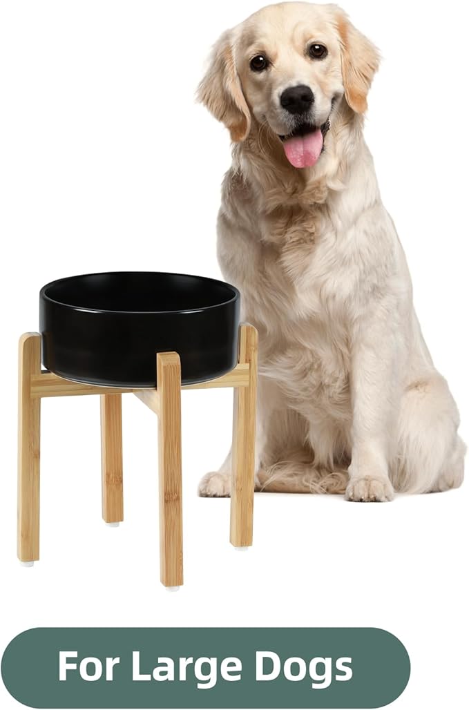 Ceramic Elevated Dog Bowl Set, Raised Food and Water Bowl for Large Breed Dogs, Weighted Dishes, Black (8.2&