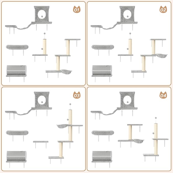 NUNU LAB Wall Mounted Cat Furniture, 7 Pcs Cat Wall Shelves with House, Tunnel, Bridge, Steps, Scratcher, Hammock, Bed, Indoor Safe &amp; Stable Furniture for Kittens Play, Gray