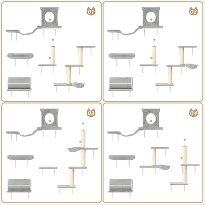 NUNU LAB Wall Mounted Cat Furniture, 7 Pcs Cat Wall Shelves with House, Tunnel, Bridge, Steps, Scratcher, Hammock, Bed, Indoor Safe &amp; Stable Furniture for Kittens Play, Gray