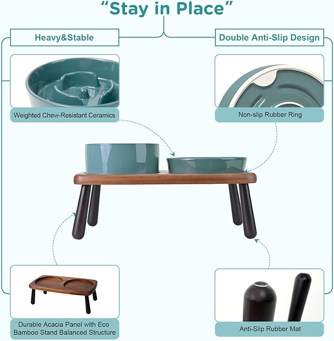 SPUNKYJUNKY Ceramic Elevated Dog Bowls with Slow Feeder Raised with Acacia Bamboo Wooden Stand, 6.1&