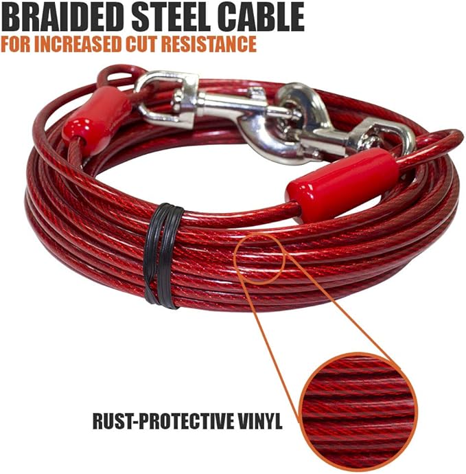 BV Dog Tie Out Cable 30 Feet - Heavy Duty Dog Lead Up to 125 Pounds - Reflective &amp; Rust-Free with Quick Release Swivel Clips &amp; 360° Rotating Clasp - Tangle-Free Dogs Runner for Yard (Red, Single)