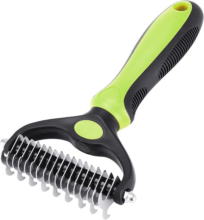 Pet Grooming Tool - 2 Sided Undercoat Rake for Cats and Dogs - Safe Dematting Comb for Easy Mats &amp; Tangles Removing - No More Nasty Shedding and Flying Hair