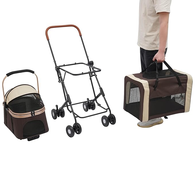 Double Pet Stroller with Detachable Carriers, Large Cat &amp; Dog Stroller with 4 Wheels, Foldable Pet Strollers Small &amp; Medium Dogs Cats 77lbs (Coffee Color)