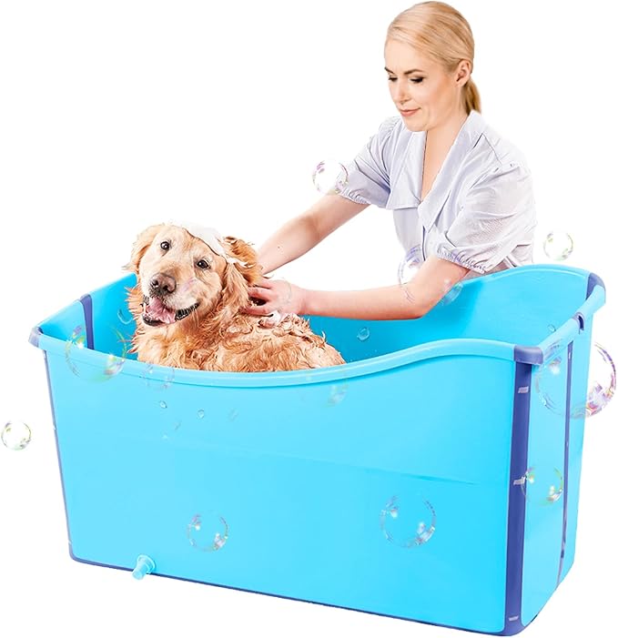 Portable Dog Bathtub for Large Dogs - 48.4Gal Foldable Pet Wash Station with Drain Plug, Insulated &amp; Non-Slip Design for Indoor/Outdoor Bathing, Grooming, Camping（Blue）