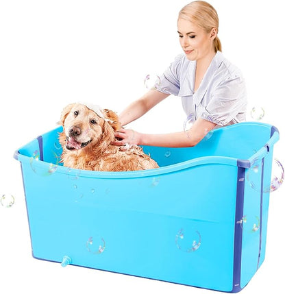 Portable Dog Bathtub for Large Dogs - 48.4Gal Foldable Pet Wash Station with Drain Plug, Insulated &amp; Non-Slip Design for Indoor/Outdoor Bathing, Grooming, Camping（Blue）