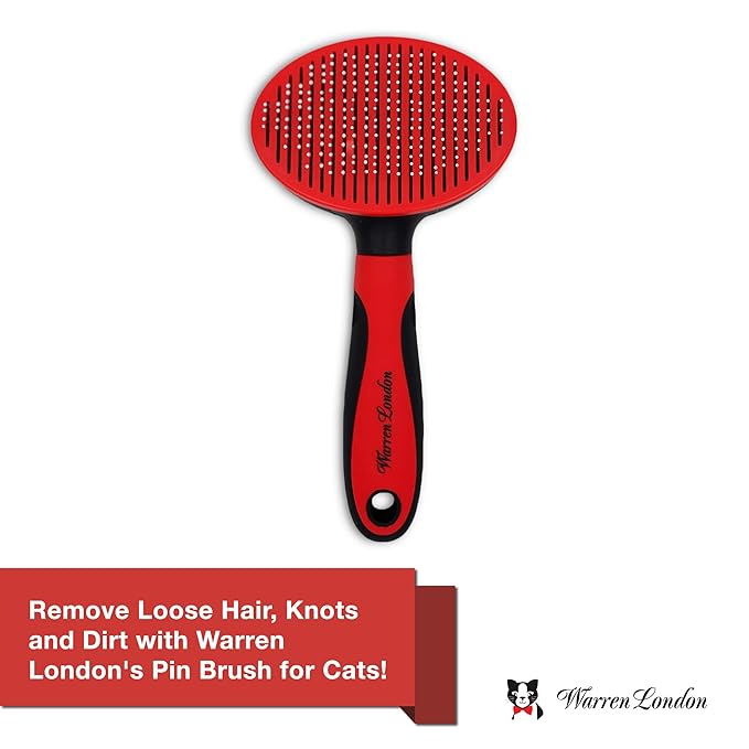 Warren London Self-Cleaning Cat Pin Brush | Push-Button Fur Ejector, Bead-Tipped Nylon Pins – Gentle Shedding &amp; Detangling for Cats, Kittens, Rabbits, Ferrets &amp; Small Dogs | Ergonomic Anti-Slip Grip