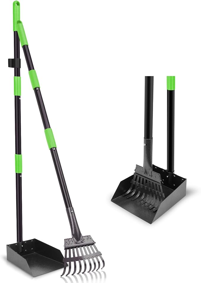 Non-Breakable Pooper Scooper, Dog Pooper Scooper Tray &amp; Rake Set with Adjustable Stainless Steel Long Handle for Large Medium Small Dogs (Green)
