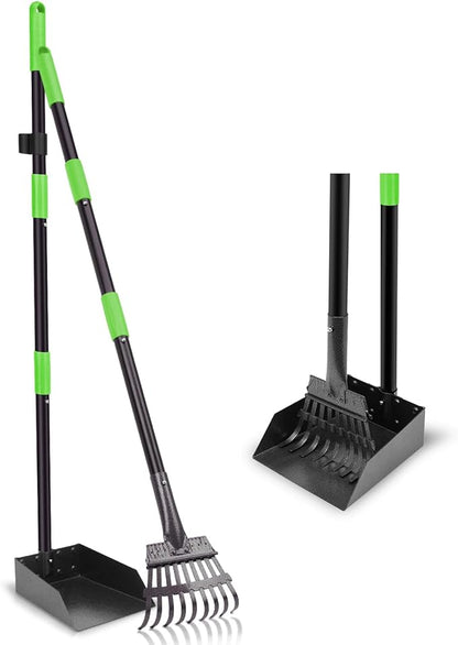 Non-Breakable Pooper Scooper, Dog Pooper Scooper Tray &amp; Rake Set with Adjustable Stainless Steel Long Handle for Large Medium Small Dogs (Green)