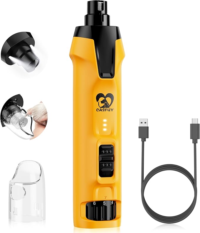 Casfuy 6-Speed Dog Nail Grinder – 50%+ Boost Power Dog Nail Trimmers Quiet with Dust Cap &amp; 2 LED Lights &amp; 2000mAh Battery &amp; 4.8V Motor Electric Pet Toenail File Tool for Large Medium Small Dogs Cats