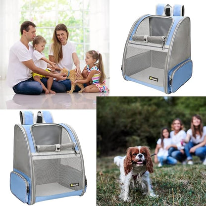 Texsens Pet Backpack Carrier for Small Cats Dogs | Ventilated Design, Safety Straps, Buckle Support, Collapsible | Designed for Travel, Hiking &amp; Outdoor Use (Blue)