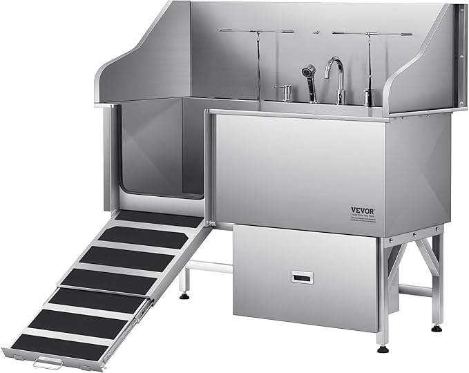 VEVOR Professional 304 Stainless Steel Dog Bathing Station, 61 inch Pet Grooming Tub w/Anti-Slip ramp, Storage Drawer, Cold Hot Faucet Showerhead, for Large &amp; Medium &amp; Small (Left Door, with Drawer)
