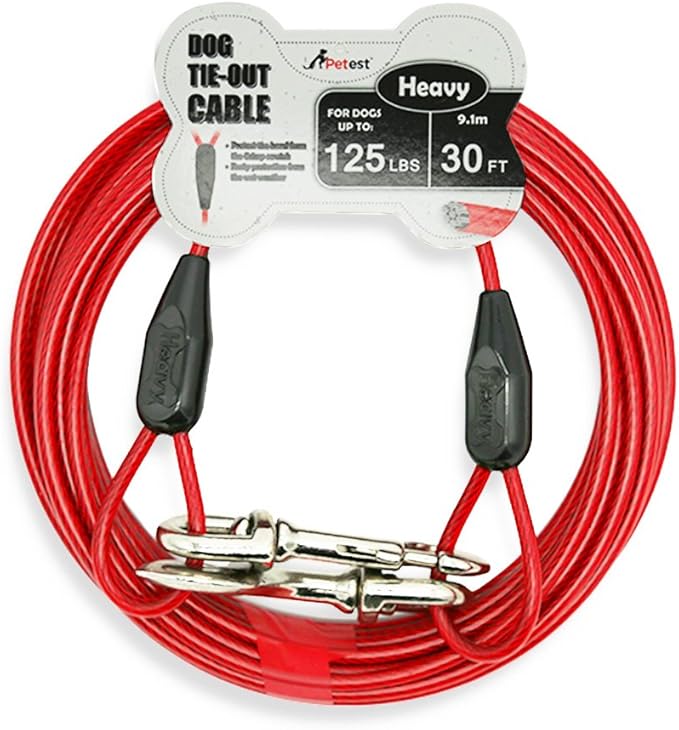 Petest 30ft Tie-Out Cable with Crimp Cover for Heavy Dogs Up to 125 Pounds Black &amp; Red