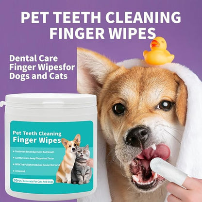 YUHUF-2Packs Teeth Cleaning Finger Wipes for Dogs &amp; Cats, Pet Dental Care by Reducing Plaque and Tartar Remove Bad Breath, Disposable Gentle Gum Care Pet Wipes, (50 Count x2)