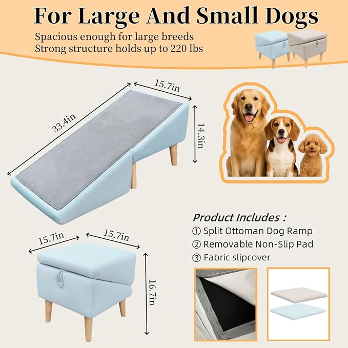 Split Ottoman Dog Ramp, Folding Pet Ramps Stairs for Couch, Pet Ramps Stairs for Small and Large Dogs, Holds up to 220 lbs (Beige - 2 Pads &amp; 2 Covers, One Size)