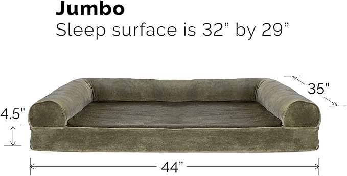 Furhaven Orthopedic Dog Bed for Large Dogs w/ Removable Bolsters &amp; Washable Cover, For Dogs Up to 95 lbs - Faux Fur &amp; Velvet Sofa - Dark Sage, Jumbo/XL