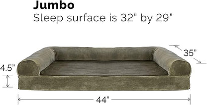 Furhaven Orthopedic Dog Bed for Large Dogs w/ Removable Bolsters &amp; Washable Cover, For Dogs Up to 95 lbs - Faux Fur &amp; Velvet Sofa - Dark Sage, Jumbo/XL