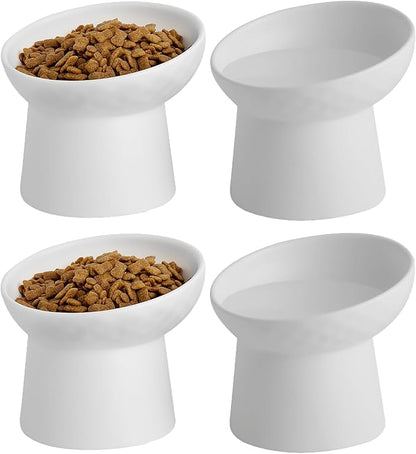 4 Pcs Small Ceramic Raised Cat Bowls, Tilted Elevated Food or Water Bowls, Stress Free, Backflow Prevention, Dishwasher and Microwave Safe, Lead &amp; Cadmium Free(4pc White)