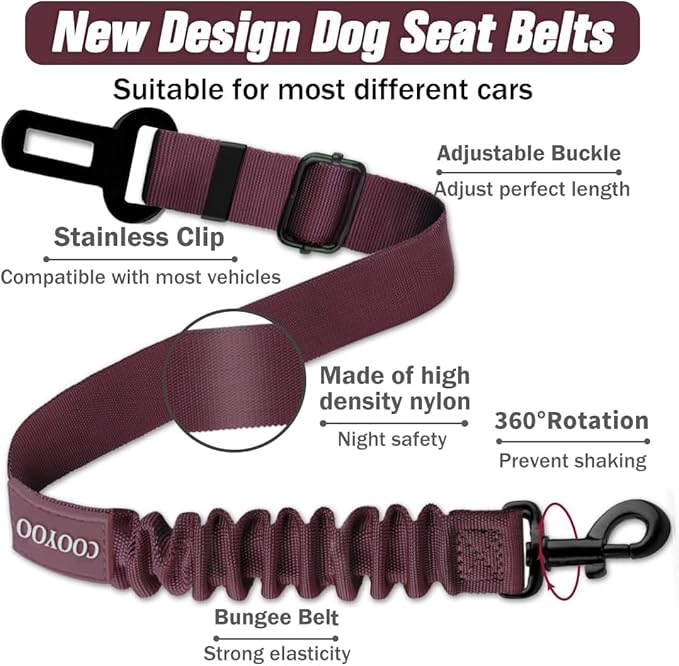 COOYOO Dog Seat Belt,Retractable Dog Car Harness Seat Belt for Car Adjustable Nylon Pet Safety Seat Belts Heavy Duty &amp; Elastic Bungee Buffer