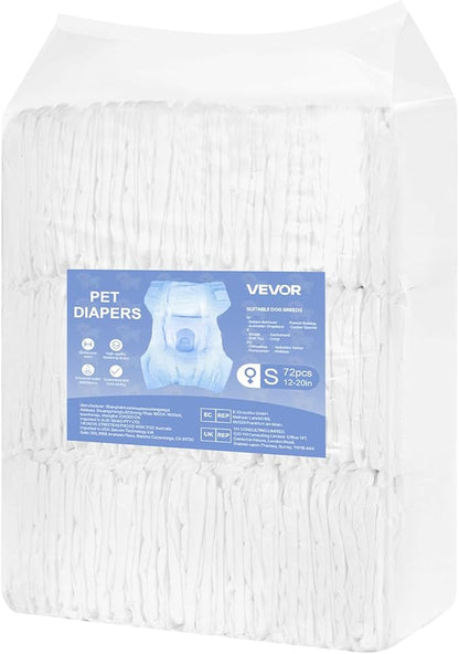 VEVOR Disposable Dog Diapers, Super Absorbent Female Dog Diapers, 360° Leak-Proof Female Doggy Pet Diaper with Wetness Indicator for Heat Period, Training, Incontinence - XS, 144 Count (2 Packs of 72)