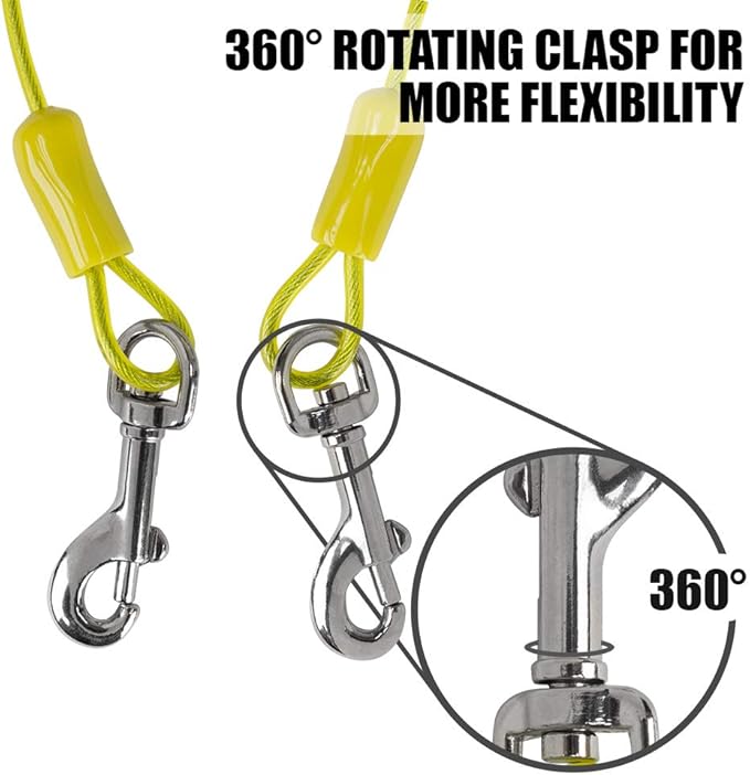 BV Dog Tie Out Cable 15 Feet - Heavy Duty Dog Lead Up to 35 Pounds - Reflective &amp; Rust-Free with Quick Release Swivel Clips &amp; 360° Rotating Clasp - Tangle-Free Dogs Runner for Yard (Yellow, Single)