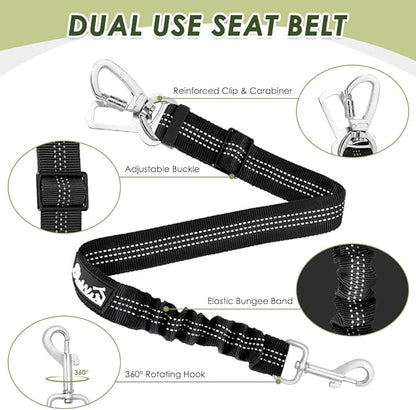 SlowTon Dog Seat Belt Harness for Car, Dog Car Harness Adjustable Mesh Breathable &amp; Dog Seatbelt Safety Tether with Elastic Bungee for Small Medium Large Pets(Red, Double Clip, M)