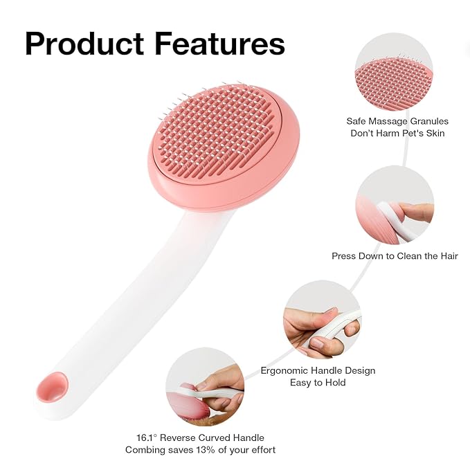 Pet Grooming Self-Cleaning Slicker Brush for Cats &amp; Dogs, Effortlessly Removes Tangles, Loose Undercoat and Mats (Pink, 2 Pack)