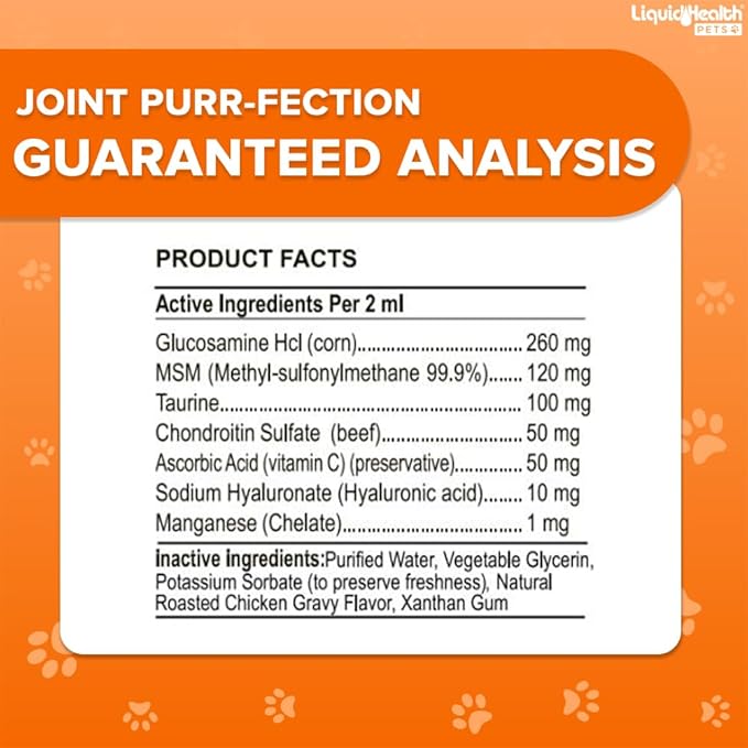 LIQUIDHEALTH Pets Liquid Cat Glucosamine Joint Purr-Fection - Hip &amp; Joint Health Relief Support, Chondroitin Feline Droppers for Senior Older Adult Cats &amp; Kittens - Made in The USA (2 Pack)