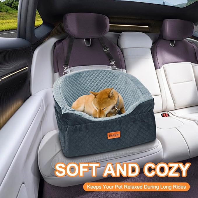 Vivifying Dog Car Seat for Small &amp; Medium Dogs, Detachable &amp; Washable Booster Seat for Pets Up to 30lbs, Travel Bed with Storage Pockets and Safety Belt – Gray&amp;Black