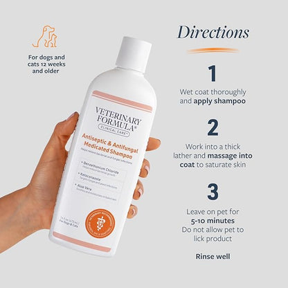 Veterinary Formula Clinical Care Antiseptic and Antifungal Medicated Shampoo for Dogs &amp; Cats, 16 Fl Oz – Helps Alleviate Scaly, Greasy, red Skin – Paraben, Dye, Soap-Free (2 Pack)