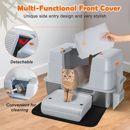 Vivifying Stainless Steel Litter Box with Lid, XL Side Entry Extra Large Litter Box for Big Cats &amp; Kitty, Removable Enclosed Metal Cat Pan with High Sided Enclosure, Scoop, Mat, Footboard (Gray)