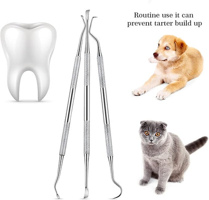 Hotop 3 Pieces Dog Dental Tooth Scaler and Scraper Stainless Double Headed Tarter Removing Tool Scraper Pet Teeth Cleaning Tools for Dog and Cat (Silver)